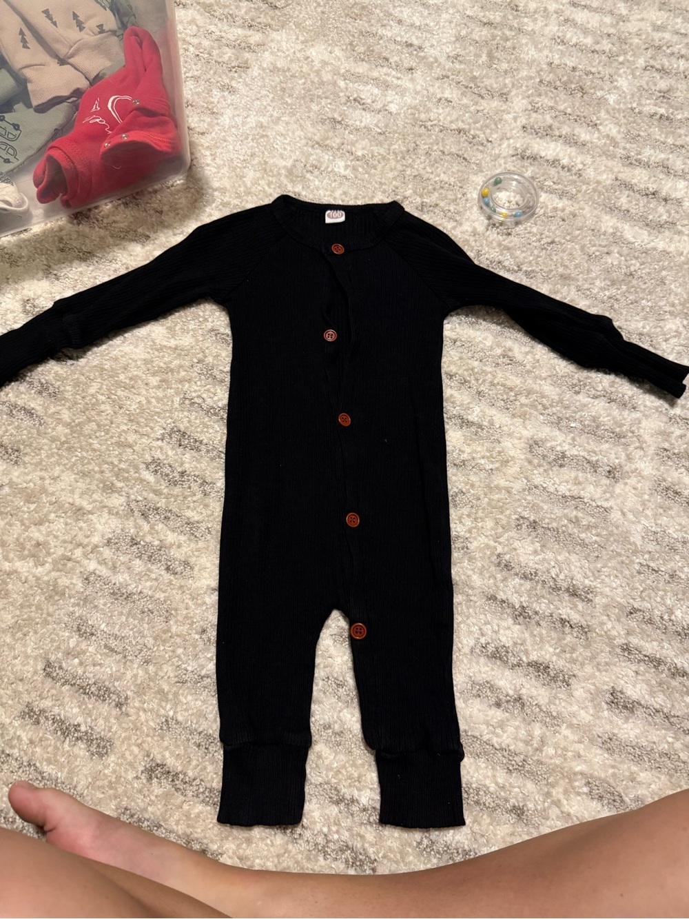 Black Ribbed Button-Front Kids One-Piece